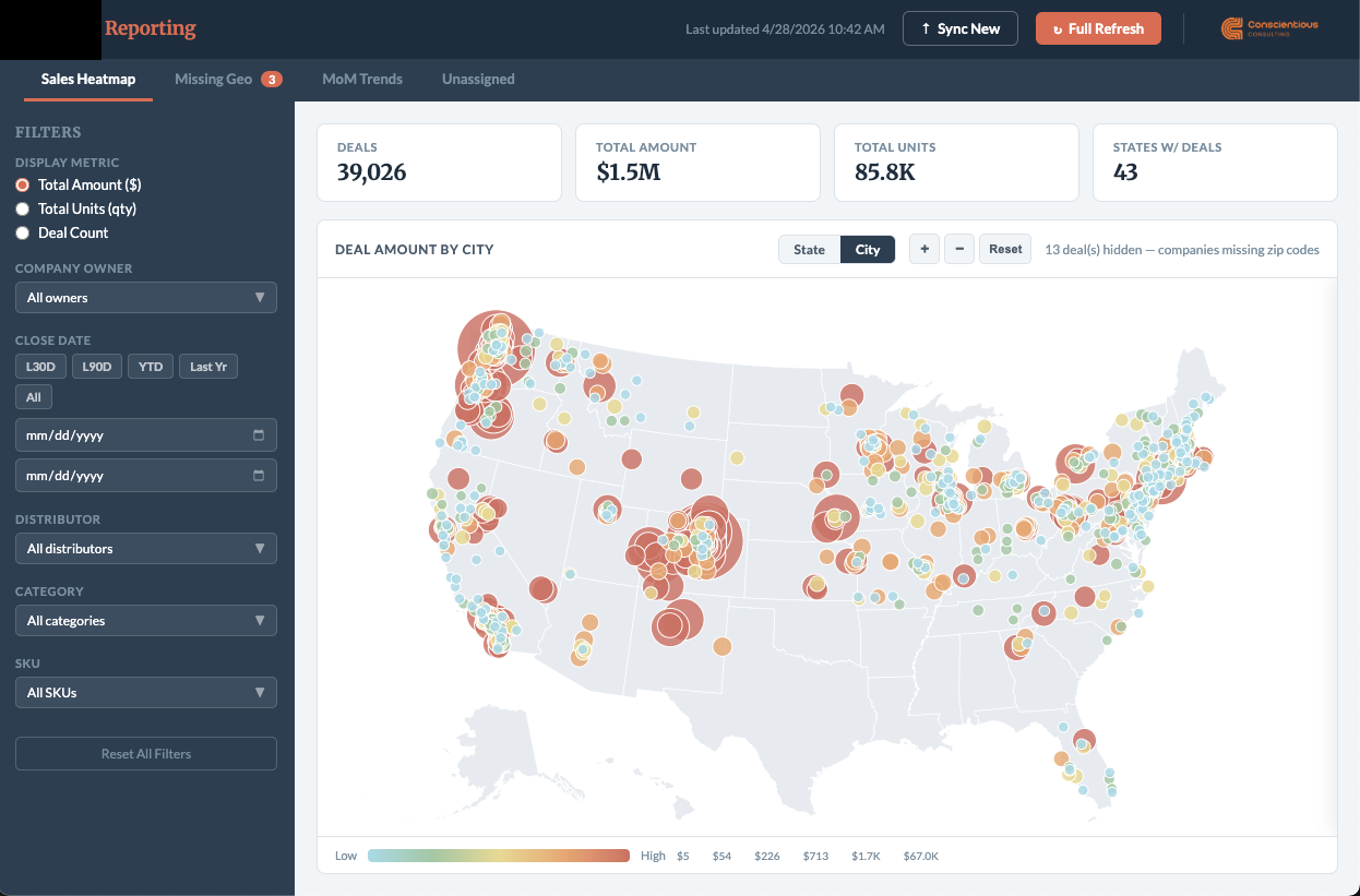 Territory Heatmap View - Interactive US map with state-level pipeline heat and city bubble overlays